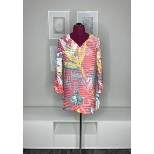 Soft‎ Surroundings Tunic Top Women's L Ruffle Multicolor Tropical 3/4 Sleeve